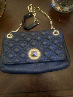 Slightly worn Kate Spade Quilted Navy Leather Shoulder Bag with Gold Chain